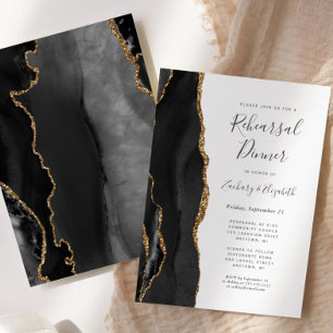  Black Gold Agate Wedding Rehearsal Dinner Invitation