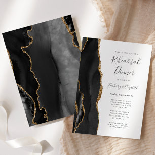  Black Gold Agate Wedding Rehearsal Dinner Invitation