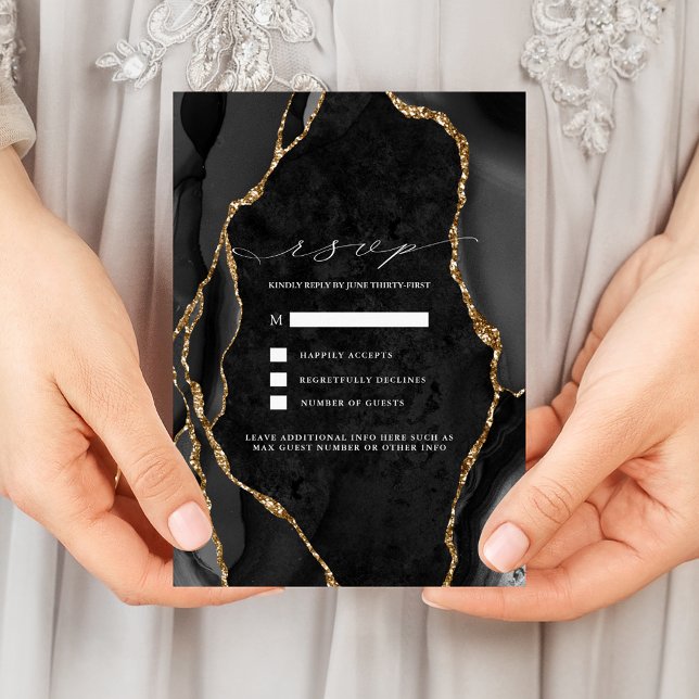 Black & Gold Agate Wedding RSVP Invitation (Creator Uploaded)