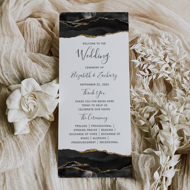 Black Gold Agate Whimsical Script Wedding Programme (Creator Uploaded)