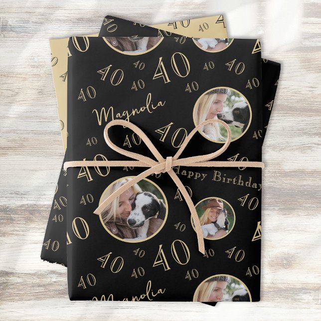Black Gold Age Photo 40th Birthday Wrapping Paper Sheet (Creator Uploaded)