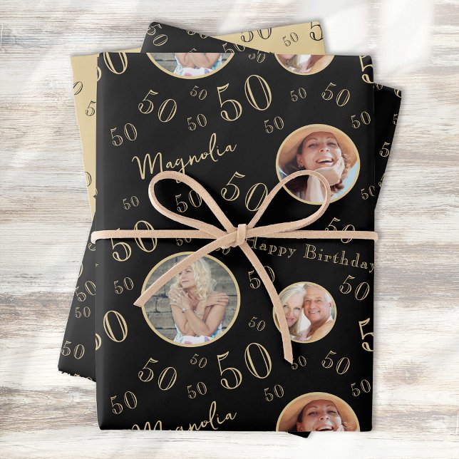 Black Gold Age Photo 50th Birthday Wrapping Paper Sheet (Creator Uploaded)