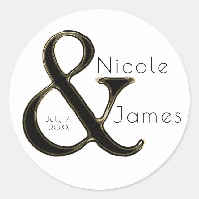 Black & Gold Ampersand Chic Custom Wedding Favour Classic Round Sticker (Front)