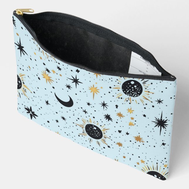 Black, Gold and Blue Celestial Sun Moon Stars Accessory Pouch (Open)