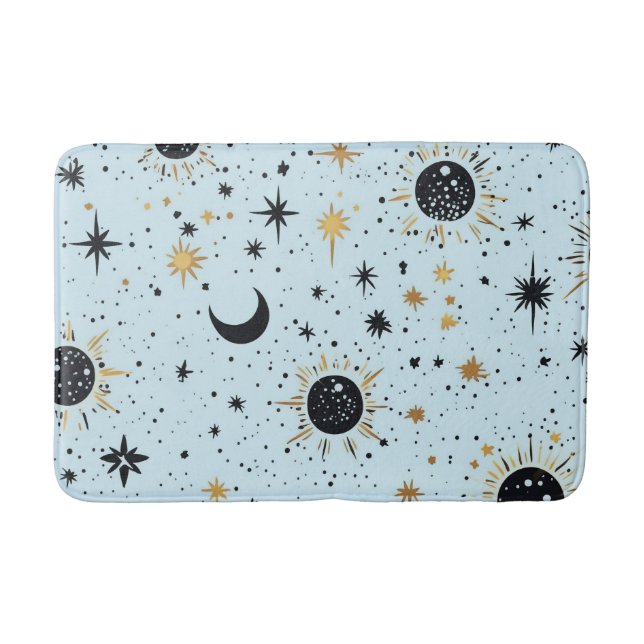 Black, Gold and Blue Celestial Sun Moon Stars Bath Mat (Front)