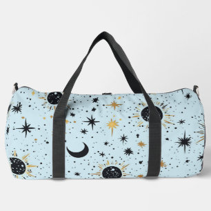 Black, Gold and Blue Celestial Sun Moon Stars Duffle Bag