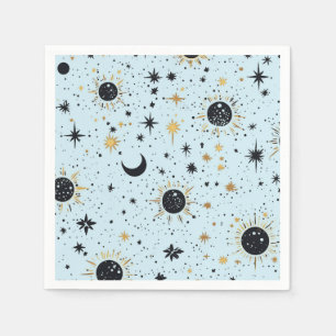 Black, Gold and Blue Celestial Sun Moon Stars Napkin