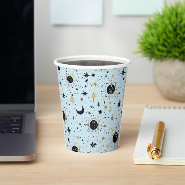Black, Gold and Blue Celestial Sun Moon Stars Paper Cups (Insitu)