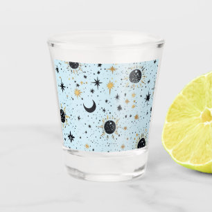 Black, Gold and Blue Celestial Sun Moon Stars Shot Glass