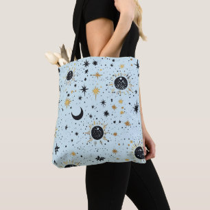 Black, Gold and Blue Celestial Sun Moon Stars Tote Bag
