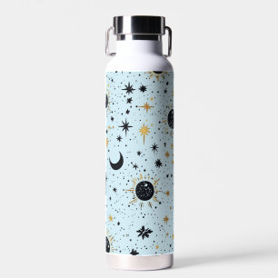 Black, Gold and Blue Celestial Sun Moon Stars Water Bottle