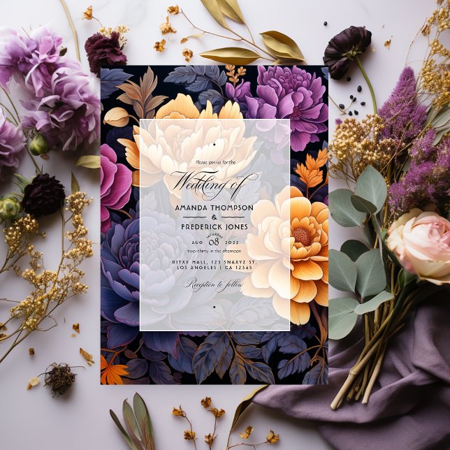 Black, Gold, and Dark Purple Floral Wedding Invitation (Creator Uploaded)