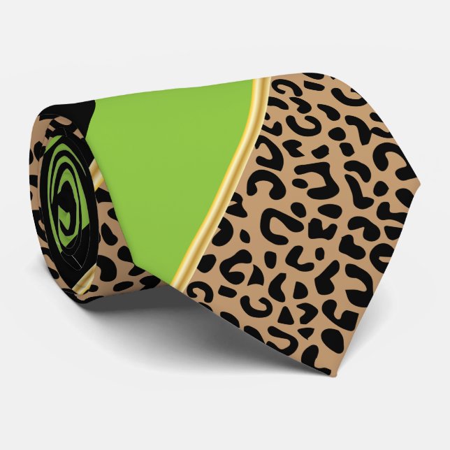 Black, Gold and Lime Diagonal Stripe Leopard Print Tie (Rolled)