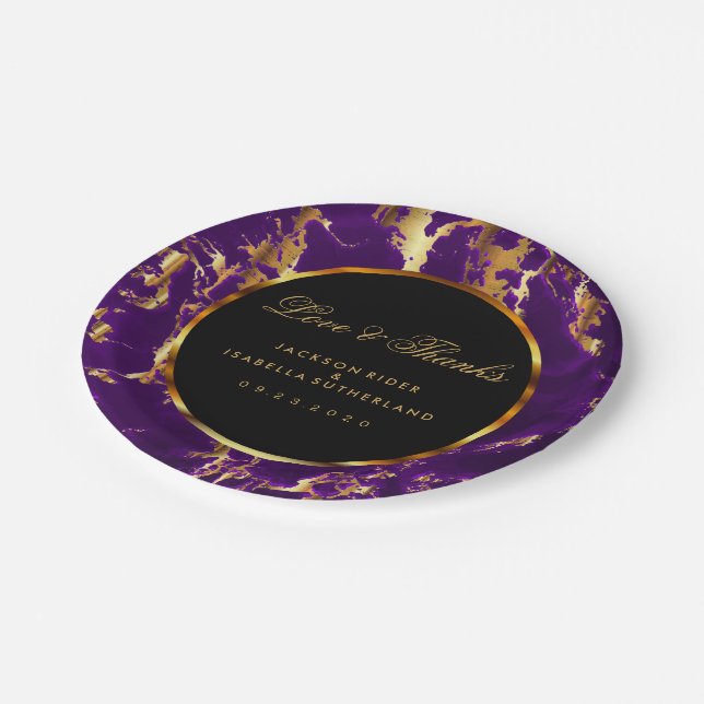 Black, Gold and Purple Marble Paper Plate (Angled)