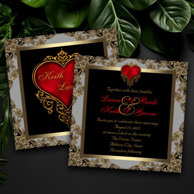 Black Gold and Red Heart Wedding Invitation (Elegant red, black gold heart invitations.)