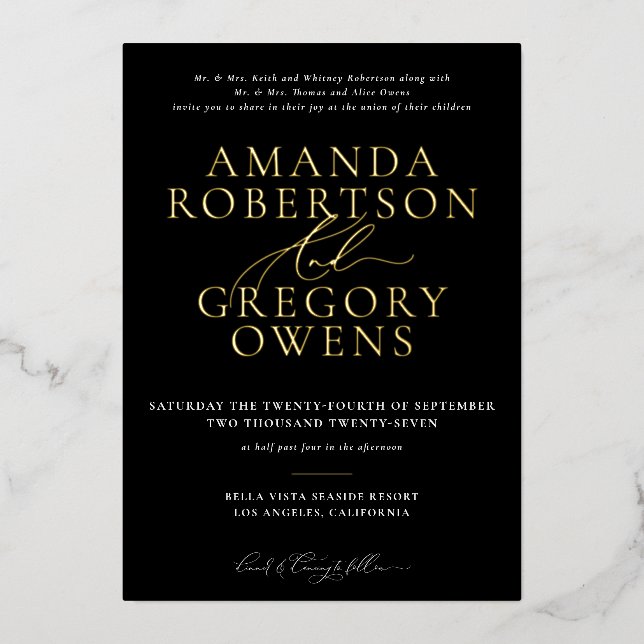 Black & Gold And Script Elegant Wedding Invitation (Front)