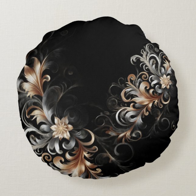 Black, Gold and Silver Luxe Round Pillow (Back)
