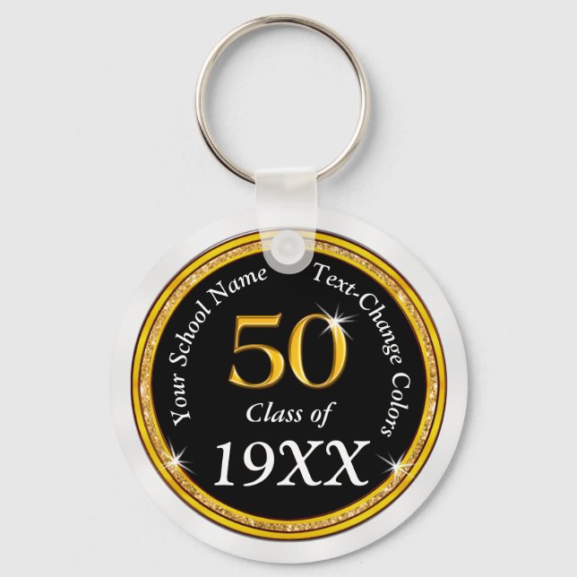 Black, Gold and White 50th Class Reunion Favours Key Ring (Front)