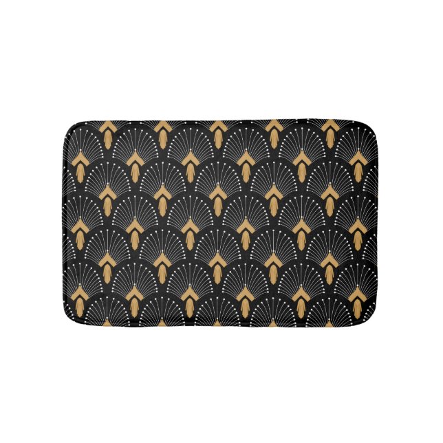Black, Gold and White Art Deco Fan Flower Motif Bath Mat (Front)