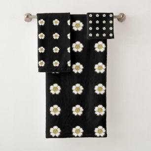 black Gold and White Buttercup Flowers Bath Towel Set