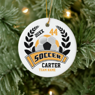 Black, Gold and White Personalize Soccer  ⚽ Ceramic Tree Decoration