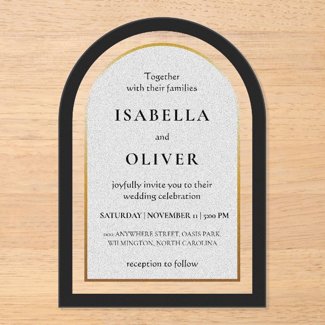 Black gold and white simplistic wedding acrylic invitations (Front)