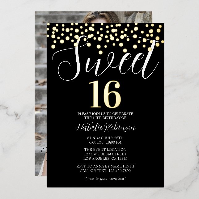 Black Gold and White Sweet 16 Confetti with Photo (Front/Back)