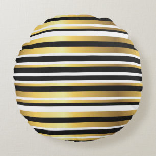 Black, Gold and White Vintage Stripes Round Cushion