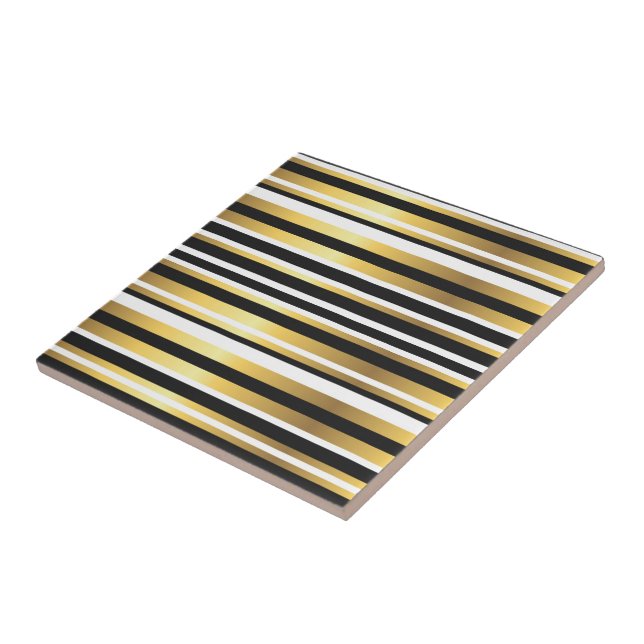 Black, Gold and White Vintage Stripes Tile (Side)