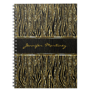 Black & Gold Animal Print Zebra Pattern Monogram Notebook