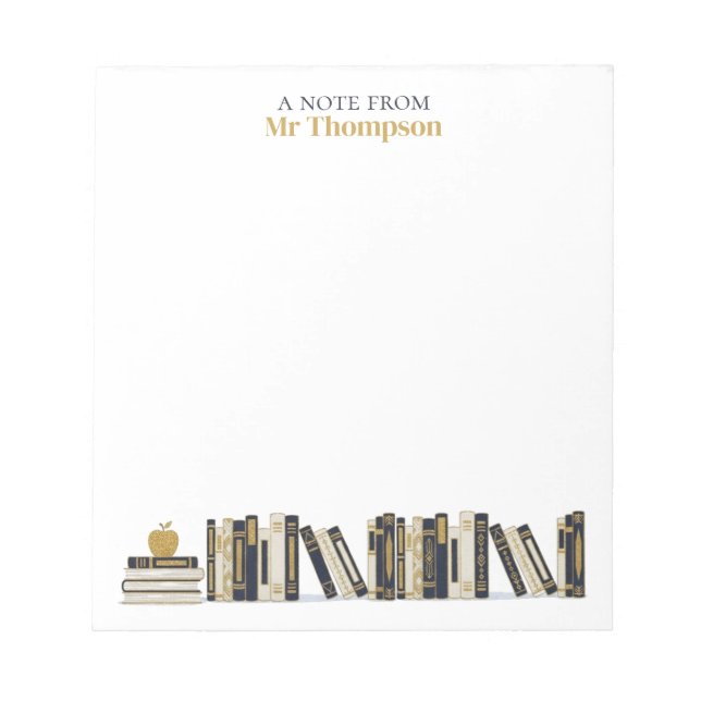 Black Gold Apple Bookshelf Personalized Teacher Notepad (Front)