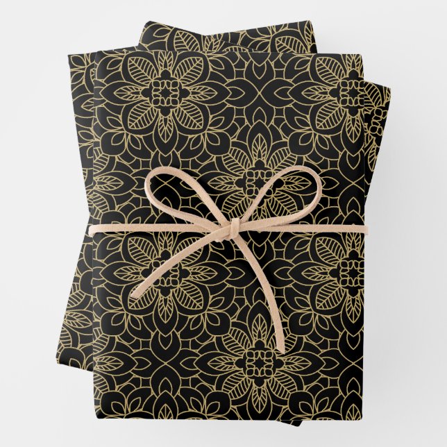 Black Gold Arabesque Islamic geometric patterns Wrapping Paper Sheet (In situ)