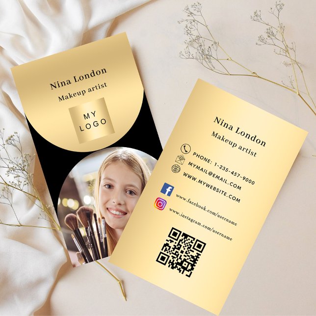 Black gold arch photo Qr social media logo Business Card (Creator Uploaded)