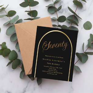 Black gold arch script 70th birthday invitation