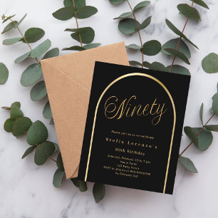 Black gold arch script 90th birthday invitation