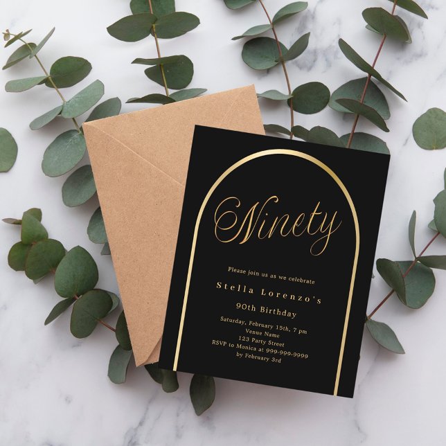 Black gold arch script 90th birthday invitation (Creator Uploaded)