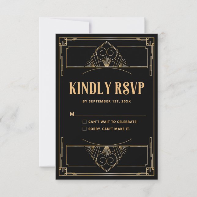 Black Gold Art Deco 20s Wedding QR Code RSVP Card (Front)