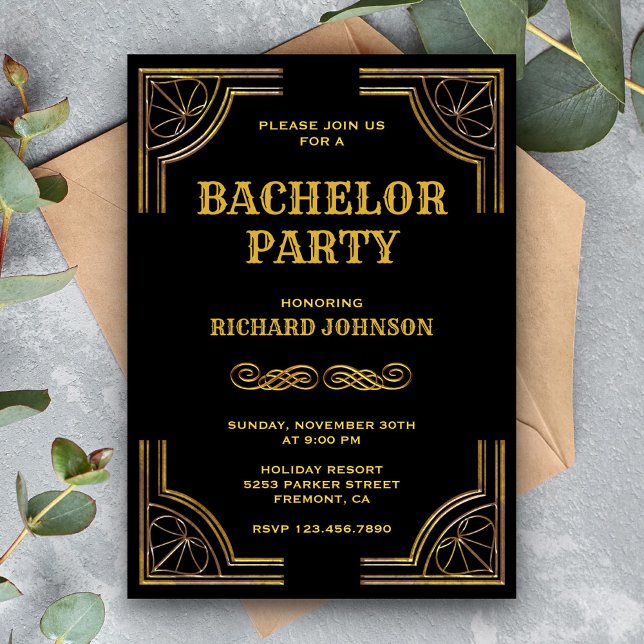 Black Gold Art Deco Bachelor Party Invitation (Creator Uploaded)