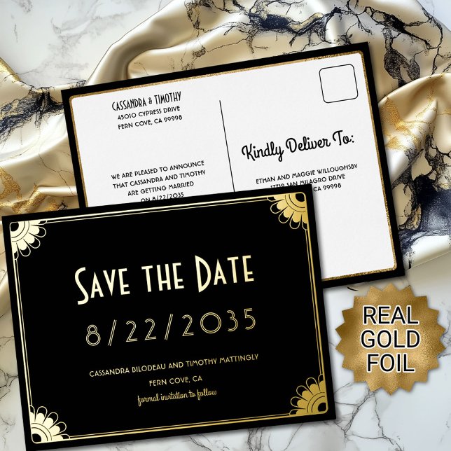 Black Gold Art Deco Floral Wedding Save the Date Foil Invitation Postcard (Classy black and gold art deco floral save the date postcard with real foil on the front)