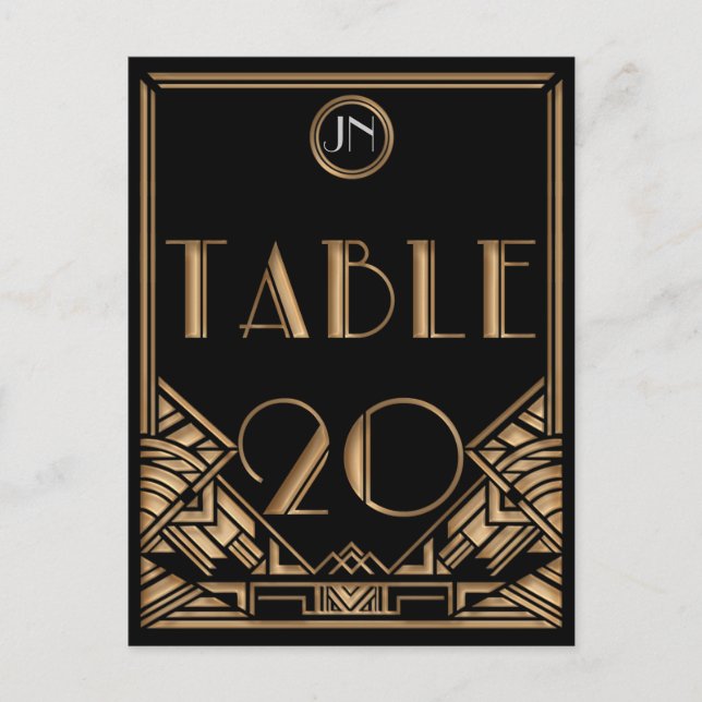 Black Gold Art Deco Gatsby Style Table Number 20 Postcard (Front)