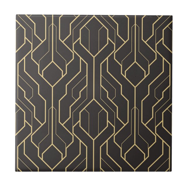 Black Gold Art Deco Geometric Pattern Tile (Front)