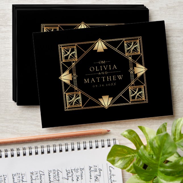 Black & Gold Art Deco Geometric Wedding  Envelope (Stacked)