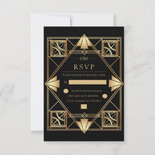 Black & Gold Art Deco Geometric Wedding  RSVP Card