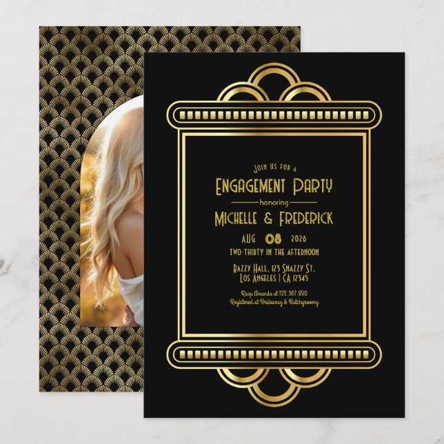 Black & Gold Art Deco Gold Engagement Party Photo Invitation (Front/Back)