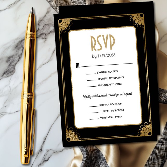 Black Gold Art Deco Meal Options Wedding RSVP Enclosure Card (Chic black and gold art deco wedding RSVP enclosure card with three meal choices)
