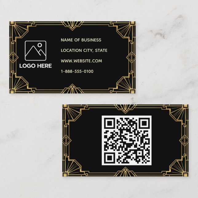 Black Gold Art Deco QR Code Business Card (Front/Back)