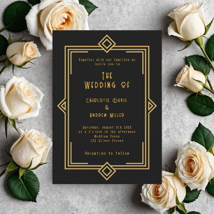 Black gold art deco style wedding invitation