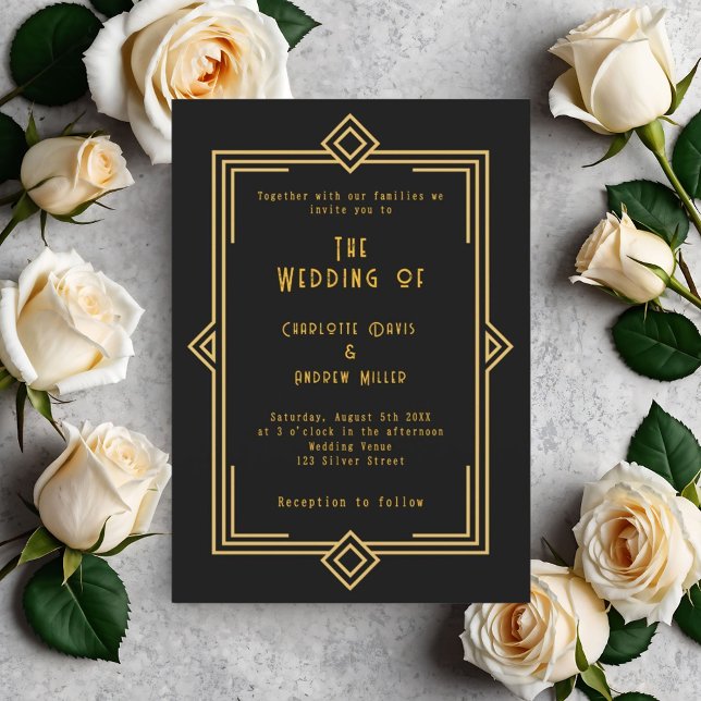 Black gold art deco style wedding invitation (Creator Uploaded)