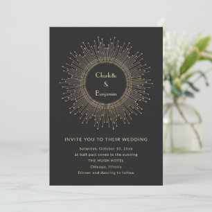Black Gold Art Deco Sunburst Wedding Glamourous Invitation