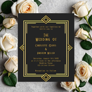Black gold art decor style wedding invitation